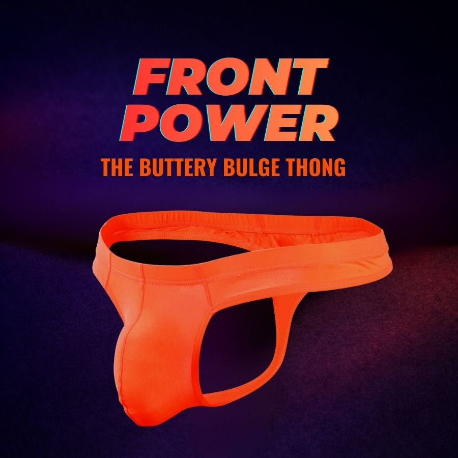 Orange thong with 'Front Power' text on a dark background