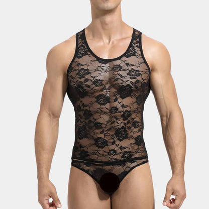 Man wearing a black lace tank top and underwear set on a white background