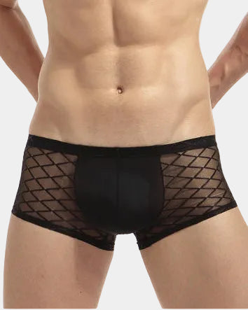 Man wearing black fishnet underwear on a white background