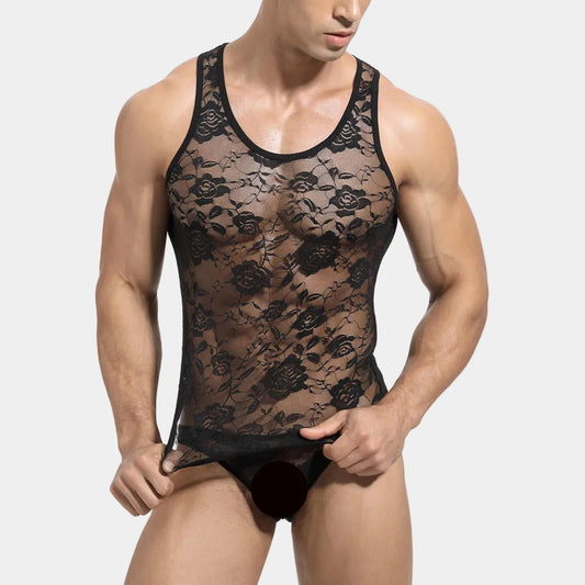 Man wearing a black lace tank top and underwear set on a white background