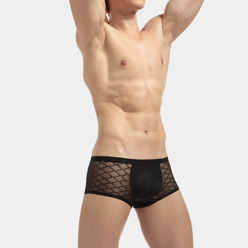Black fishnet underwear worn by a person on a white background