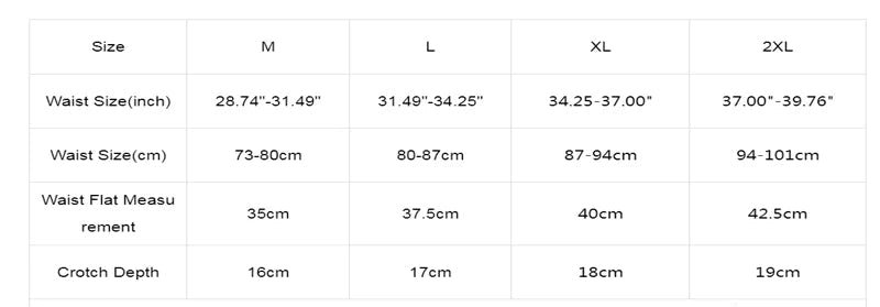 Size chart for waist measurements and weight categories on a white background