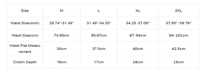 Size chart for waist measurements and weight categories on a white background