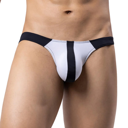 White men's underwear with black straps on a white background