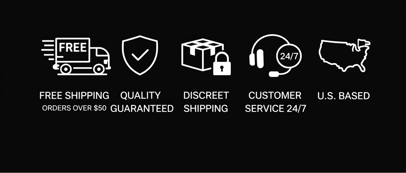 Set of icons and text on a black background, representing free shipping, quality assurance, discreet shipping, customer service, and U.S.