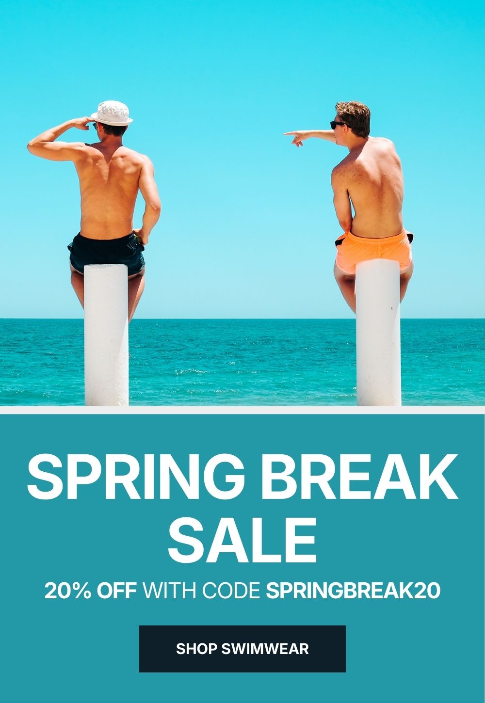 Two people in swimsuits on a beach with a promotional message for a spring break sale.