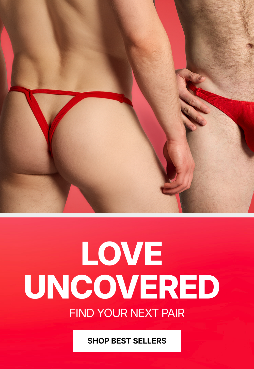 Two people wearing red underwear with a promotional text overlay on a red background