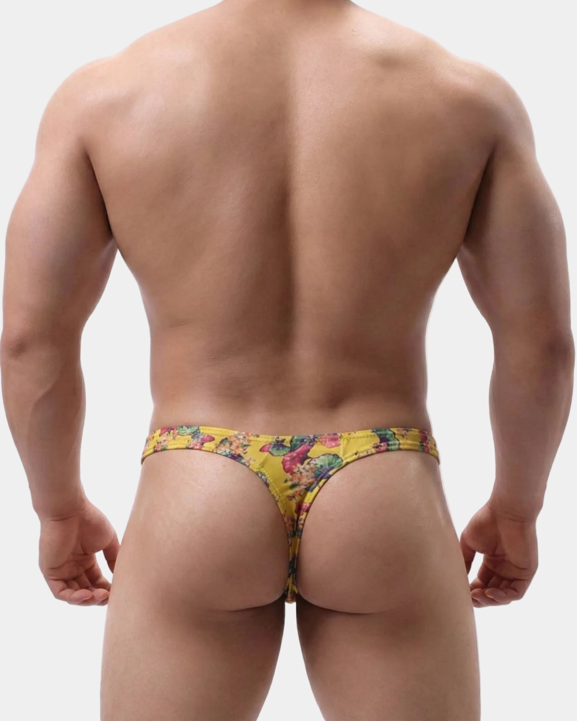 Man wearing a colorful men's underwear on a white background