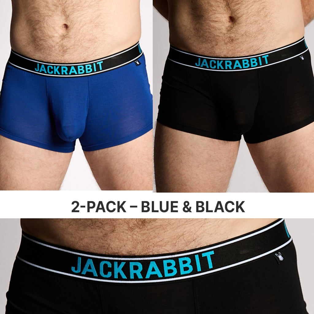 Trendy Undies Jackrabbit modal trunks in blue and black, featuring a soft modal blend, contoured pouch, and comfortable waistband.