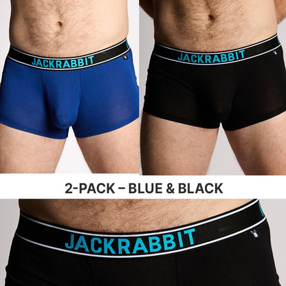Trendy Undies Jackrabbit modal trunks in blue and black, featuring a soft modal blend, contoured pouch, and comfortable waistband.